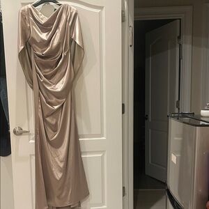 Betsy & Adam Taupe Cape Sleeve Trumpet Elegant Satin Evening Gown NWT